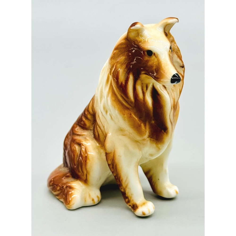 Vintage Collie Dog Figurine Brown White Glazed Ceramic Sitting Lassie 3.25"